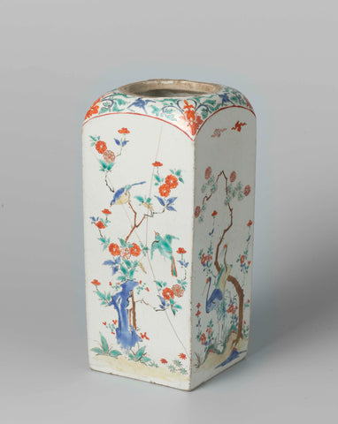 Square bottle with the 'three friends', birds and floral scrolls, anonymous, c. 1670 - c. 1690 Canvas Print