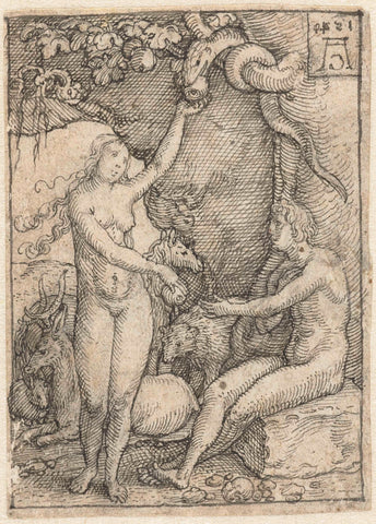 Eve reaches Adam the Apple under the tree with the serpent, Heinrich Aldegrever, 1540 Canvas Print