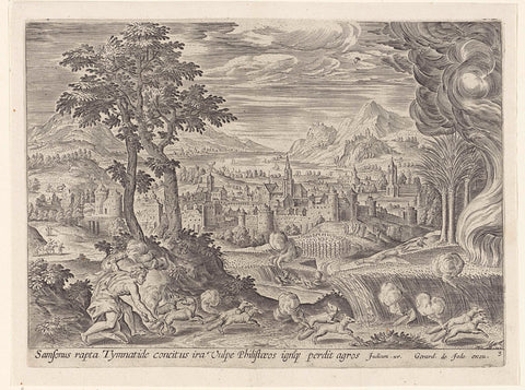 Samson sets fire to the cornfields of the Philistines, Antonie Wierix (II), 1585 Canvas Print