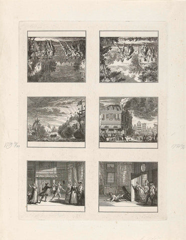 Uncut sheet with six representations of which two of historical events from 1779-1780, Cornelis Brouwer, 1790 - 1796 Canvas Print