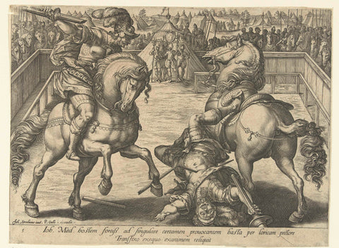 Giovanni de' Medici defeats his opponent in a horsefight, Hendrick Goltzius (attributed to), 1583 Canvas Print