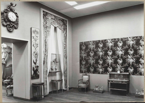 Room with tables, draped textiles, a movement and a passage with panels with plant and animal motifs on either side, 1964 Canvas Print