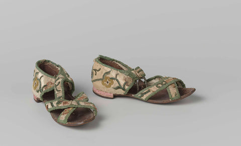 Sandal of white rips silk, with chenille embroidery of flowers and tendrils in flowing colors, solid green bordered, anonymous, c. 1735 - c. 1755 Canvas Print