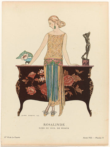 Gazette du Bon Ton, 1922, No. 10, Pl. 75: Rosalinde. / Evening dress, by Worth, George Barbier, 1922 Canvas Print