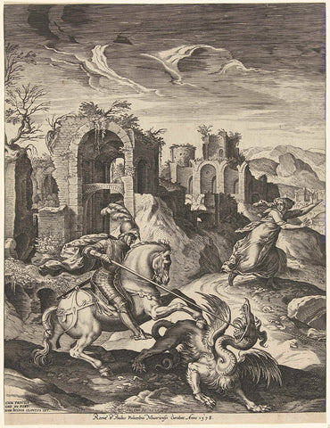 Joris kills the dragon, Cornelis Cort, 1578 Canvas Print