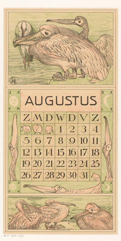 Calendar sheet August with pelicans, Theo van Hoytema, 1916 Canvas Print