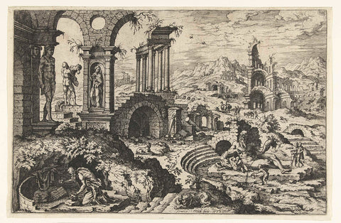 Ruin landscape with the penitent Hieronymus, Hieronymus Cock, 1552 Canvas Print