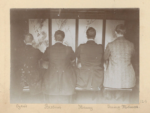 Four men sit with their backs turned to the camera in front of a Japanese room screen, Hendrik Herman van den Berg, in or after 1890 - in or before 1894 Canvas Print