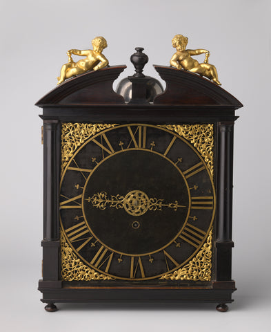 Table clock made of wood; square cupboard on flattened bulbous legs, between two Tuscan half-columns, Pieter Visbach (I), 1650 - 1700 Canvas Print