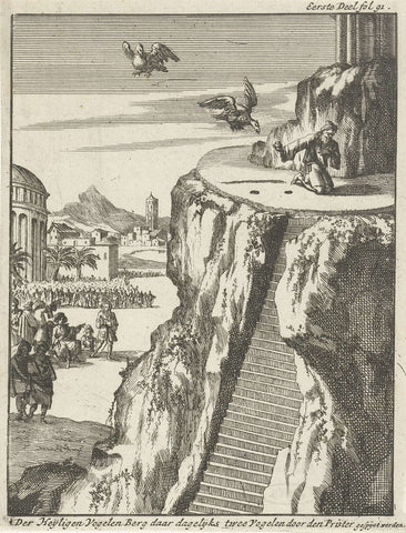 Priest feeds vultures on top of a rock, Jan Luyken, 1693 Canvas Print