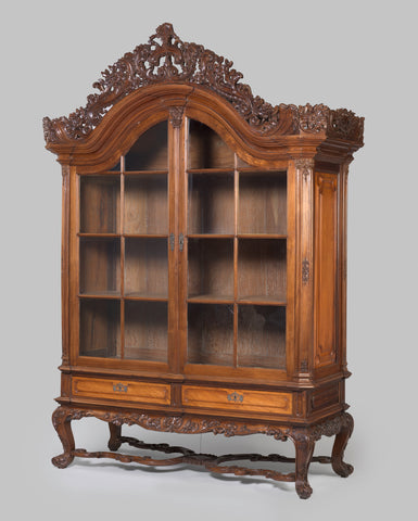 Display cabinet with heavy superstructure and doors arranged by rods, on a very low wide base with four stocky curved legs connected by X-shaped cross, carving, partially openwork, with flower, leaf and seed beadwork, anonymous, 1700 - 1800 Canvas Print