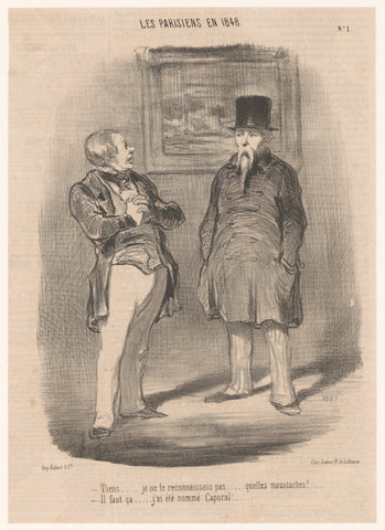 Man surprises other man with military appearance by mustache, Honoré Daumier, 1848 Canvas Print