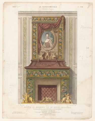 Fireplace with portrait and drapery, Léon Laroche, c. 1860 - c. 1880 Canvas Print