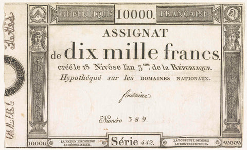 Asignate of 10000 franc, 1794-1795, Domaines nationaux, 1794 - 1795 Canvas Print