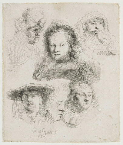 Studies of the head of Saskia and others, Rembrandt van Rijn, 1636 Canvas Print