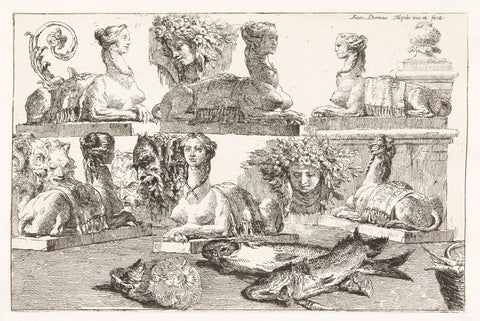 Studies of sphinxes and fish and heads of saters and Flora, Giovanni Domenico Tiepolo, 1751 - 1755 Canvas Print