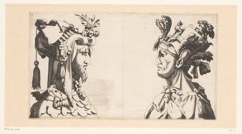 Two men's busts with masks and fantasy head covering, René Boyvin (workshop of), 1535 - 1598 Canvas Print