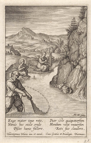 Holy Family to fishing, Antonie Wierix (III), 1606 - before 1619 Canvas Print