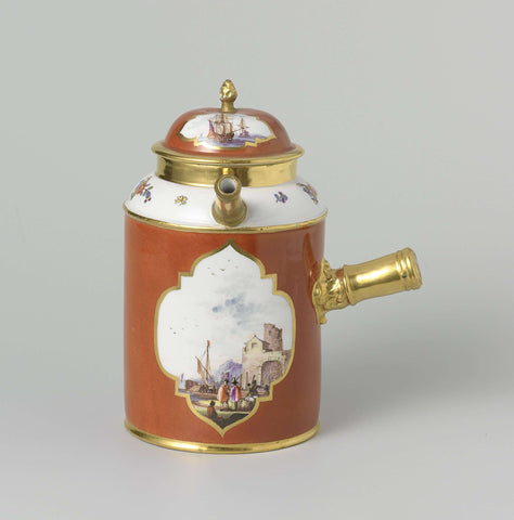 Chocolate jug, multicolored painted with water landscapes in saved four passes in an orange-red long distance, Meissener Porzellan Manufaktur, c. 1735 Canvas Print