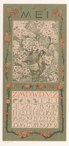 Calendar sheet may with bird between blossoms, Theo van Hoytema, 1901 Canvas Print