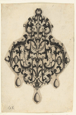 Pendant whose curling ends in silhouette-like fish heads at the bottom left and bottom right, Daniel Mignot, 1596 - 1616 Canvas Print