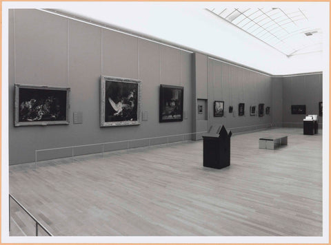 Room with paintings, television screens and benches for visitors, c. 1999 Canvas Print