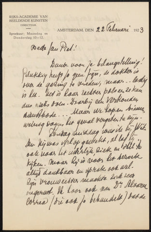 Letter to Jan Veth, Rijksakademie van Beeldende Kunsten, 1923 Canvas Print