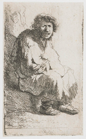 Beggar seated on a bank, Rembrandt van Rijn, 1630 Canvas Print