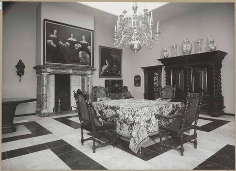 Room with furniture including cupboards, a fireplace, paintings, vases and a marble tiled floor, 1957 Canvas Print