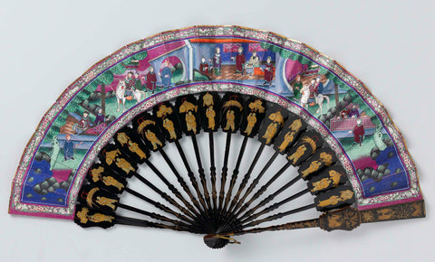 Folding fan with double sheet of fabric with on the front three scenes, including a rider on a white horse, on the back flowers and birds in purple long distance, frame of lacquered wood, Jin Zemao, c. 1840 - c. 1860 Canvas Print