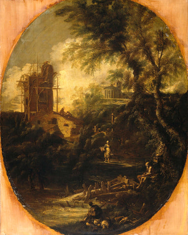 Landscape with Hermit, Pilgrim and Peasant Woman, Antonio Francesco Peruzzini (attributed to), 1690 - 1740 Canvas Print