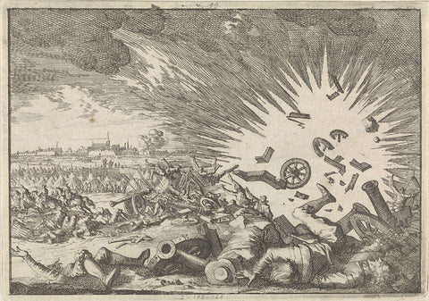 Explosion of a French powder warehouse during the siege of Namur, 1640, Caspar Luyken, 1698 Canvas Print