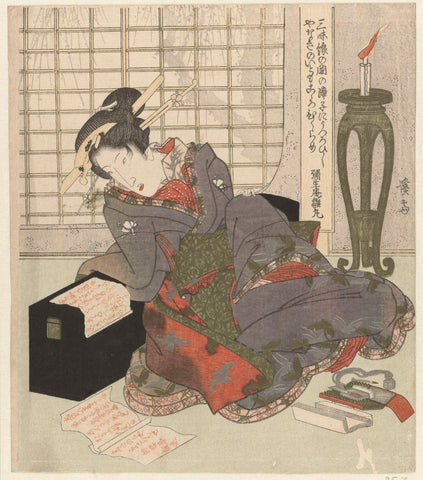 Een geisha leunt op de doos van haar shamisen, Keisai Eisen, 1825 - 1829 Canvas Print