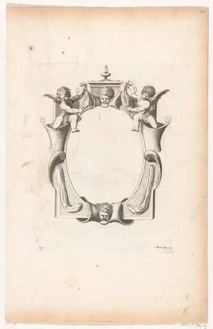 Cartouche with two children's heads and two putti, Pierre Firens, 1613 - 1657 Canvas Print