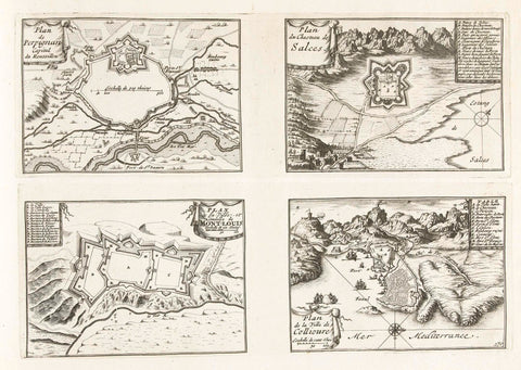 Maps of Perpignan, Salces, Mont-Louis and Collioure, c. 1702, anonymous, 1702 - 1703 Canvas Print