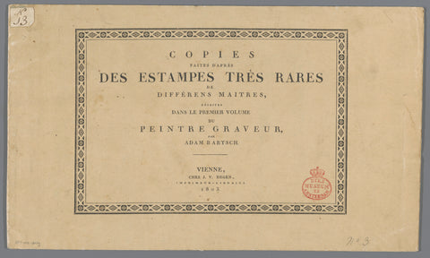 Copies of rare prints described in Le Peintre Engraver by Adam von Bartsch, Adam von Bartsch, 1803 Canvas Print