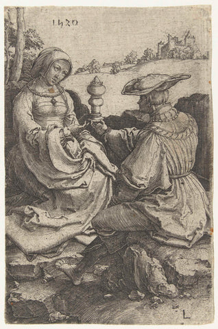 Heer en dame gezeten in een landschap, Lucas van Leyden, 1520 Canvas Print