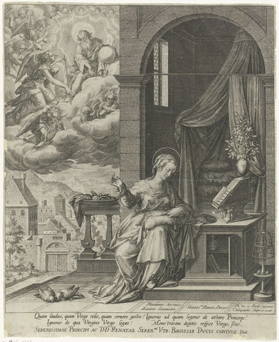 God sends the angel Gabriel to Mary, Johann Sadeler (I), 1588 - 1595 Canvas Print