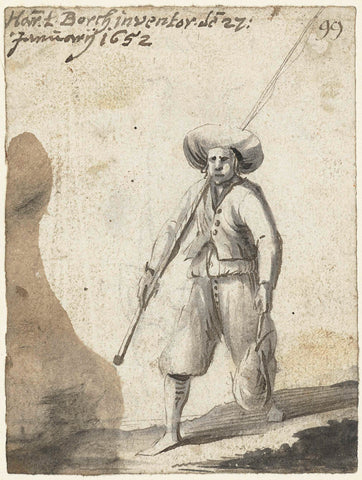 Fisherman with a fishing rod and a bag, to the left, Harmen ter Borch, 1652 Canvas Print