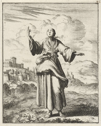 Woman pointing to heaven, Jan Luyken, 1687 Canvas Print