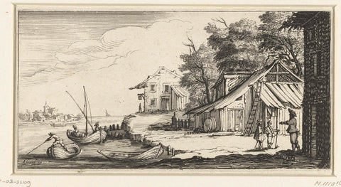 Landscape with houses on a river, Jacques Callot, 1630 - 1660 Canvas Print