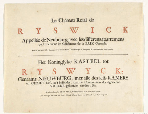 Title page for the print series about the Huis ter Nieuburch in Rijswijk and the peace negotiations, 1697, Anna Beeck, 1697 Canvas Print