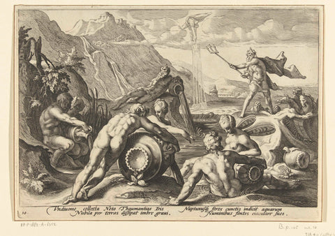 Neptune and the river gods cause a flood, Hendrick Goltzius (workshop or), 1589 Canvas Print