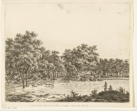 Landscape with pond and two anglers, Ernst Willem Jan Bagelaar, 1798 - 1818 Canvas Print