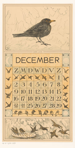 Calendar sheet December with black thrush, Theo van Hoytema, 1916 Canvas Print