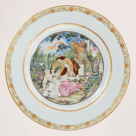 Plate with a man and woman in a garden, in the background a second women, anonymous, c. 1760 - c. 1780 Canvas Print