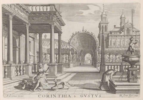 Portal of a building with Corinthian columns and sense of taste, Hendrick Hondius (I), 1620 Canvas Print