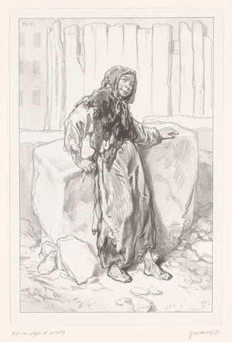 Poor old woman on a construction site, Paul Gavarni, 1857 - 1858 Canvas Print