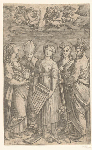 Saint Cecilia with Musical Instruments Surrounded by Four Saints, Marcantonio Raimondi, 1515 - 1566 Canvas Print