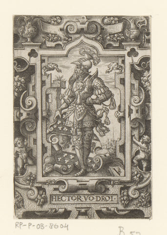 Hector with coat of arms in roll frame, Virgil Solis, 1524 - 1562 Canvas Print